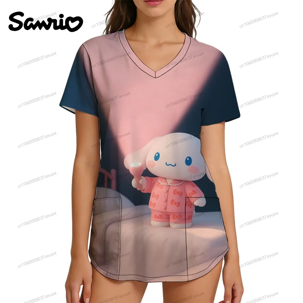

Nurse Uniform V Neck T Shirt New 2026 Scene Clothes Cinnamoroll Cuteore Clothing Women's T-shirt Sanrio Anime Woman T-shirts