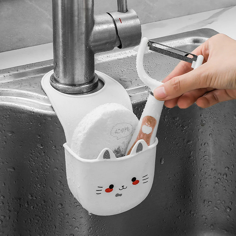 White Cartoon Cat Hanging Basket Soft Snap Fastener Faucet Sponge Holder Silicone Sink Hanging Storage Bag Faucet Accessories