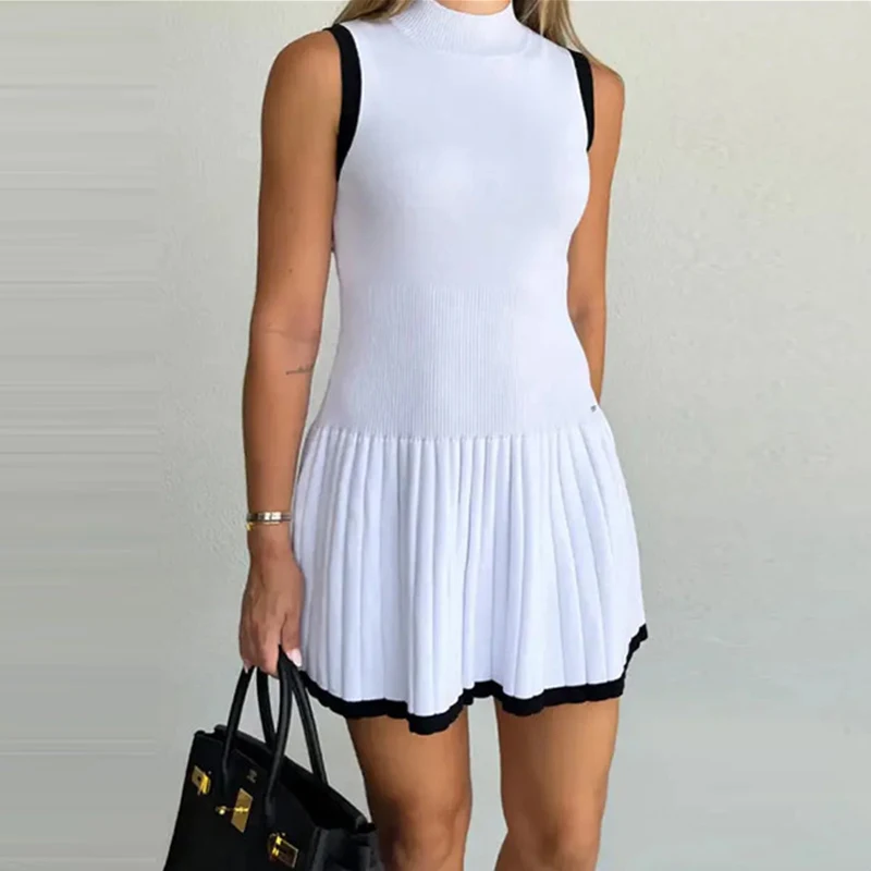 

Fashion Temperament Commute Knitted Mini Dress O Neck Contrasting Colors Pullover Dress Elegant Sleeveless Patchwork Tank Dress