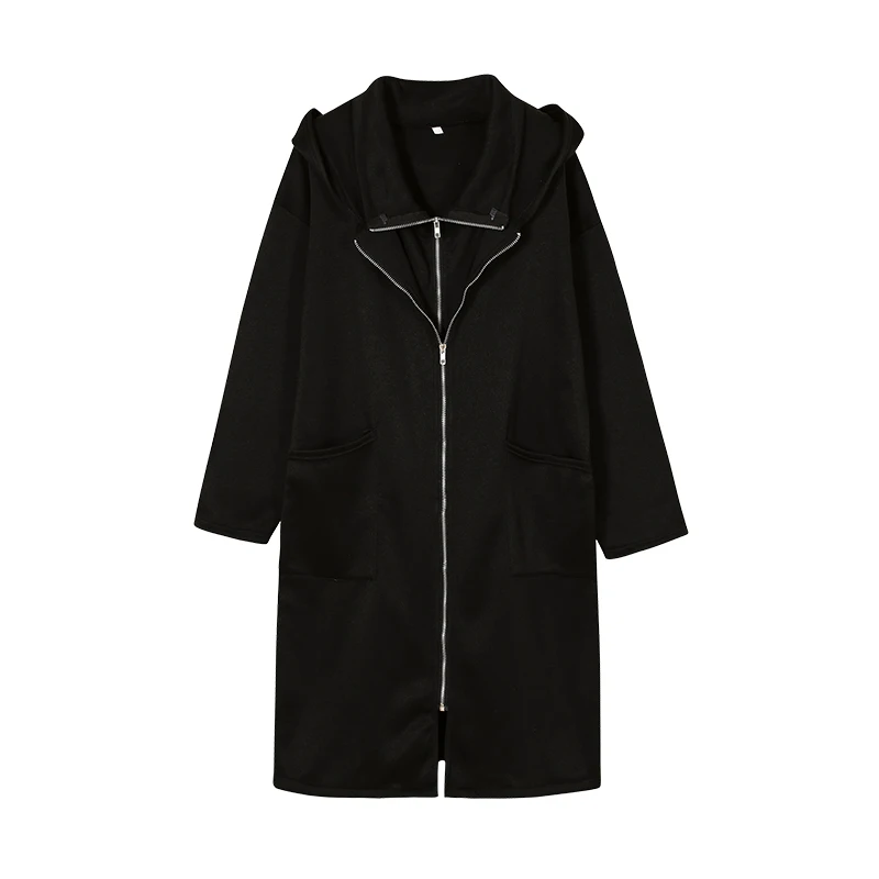 2024 Hooded Pocket Sweater Zipper Mid Length Fake Two Piece Loose Coat for Women