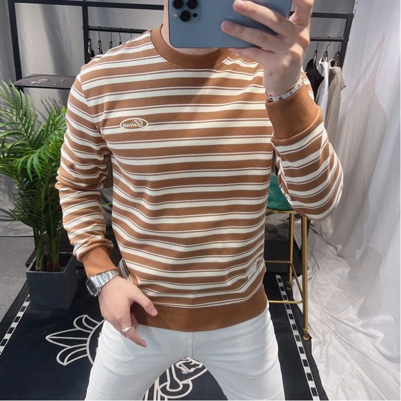 Men's Striped Hoodie High-end Printed Embroidered Round Neck Top Fashiona and Casual Versatile Base Slim Fit Long Sleeved Shirt