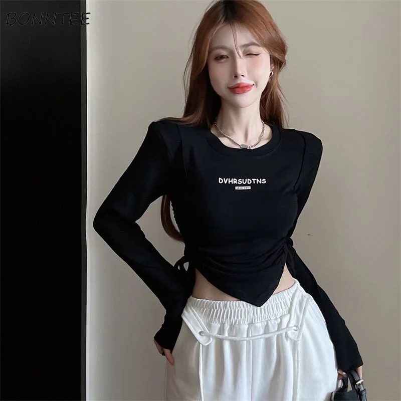 

Long Sleeve T-shirts Women Korean Style Letter Shirring Ins Chic Crop Tops Autumn Y2k Clothes Simple Casual Slim Fashion Elegant