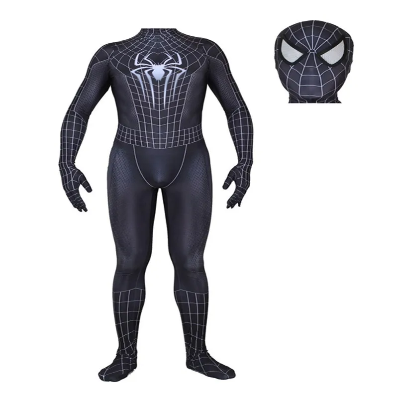 3D-Druck Monster Schwarzes Spinnennetz Cosplay-Kostüm für Erwachsene Männer, Ganzkörper-Overall mit Maske, Halloween-Karnevalsparty-Verkleidung