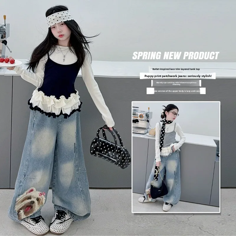 

2026 Girls Spring Korean Version Fake Two-piece Lace Suspender Top + Printed Wide-leg Jeans Fashionable and Casual 2-piece Set