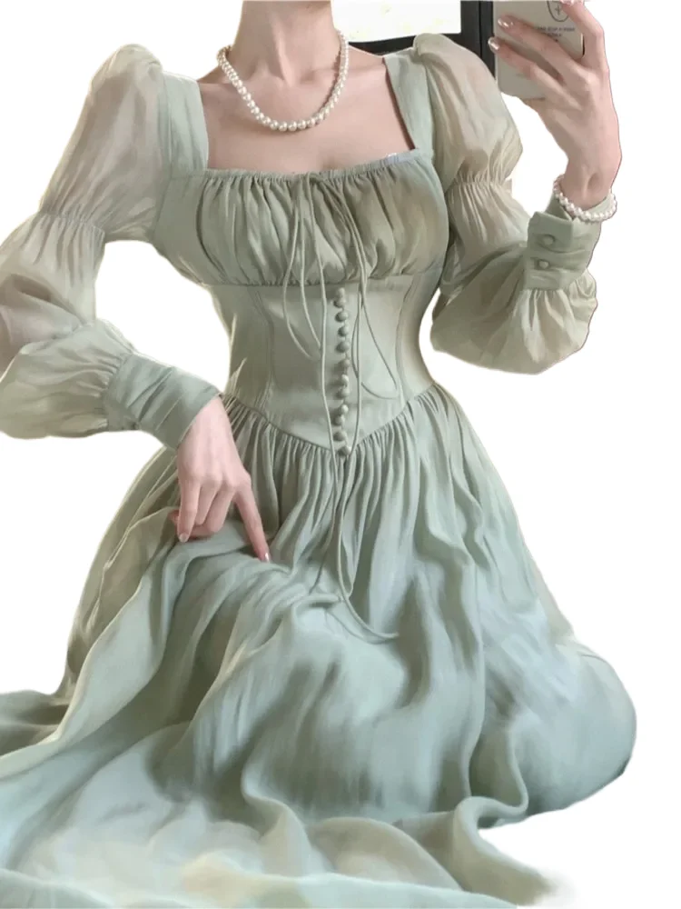 

Elegant Princess Party Dress Women High Waist A-line Lace Up Autumn Spring French Vintage Prom Robe One Piece Vestidos Mujer New