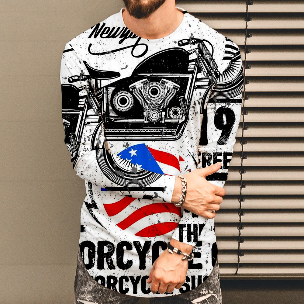 الرجال الربيع والخريف رقيقة موضة الاتجاه إلكتروني طباعة طويلة الأكمام الجولة الرقبة تي شيرت شخصية بلايز الرجال عادية #3