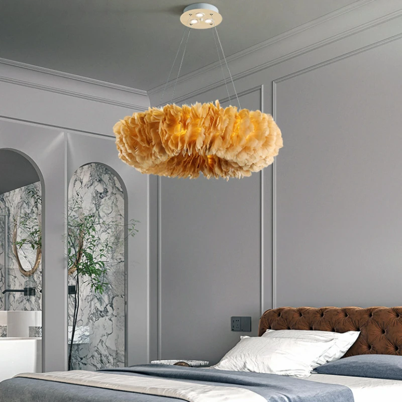 Nordic Goose Feather LED Chandelier Elegant Living Room Pendant Light Home Decor Dining Room Bedroom Parlor Hanging Lamp