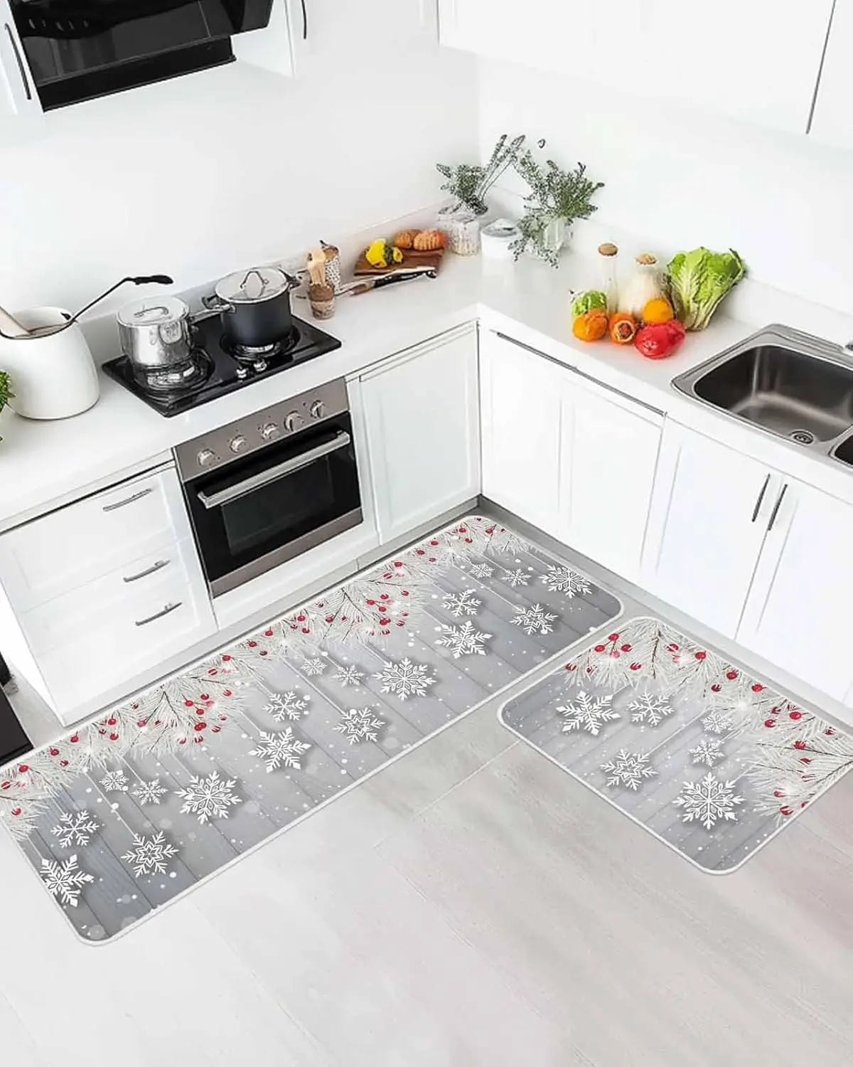 Christmas Snowflake White Pine Branch Wood Grain Kitchen Mats Non Slip Corridor Balcony Rugs Bathroom Foot Mat Xmas Decor