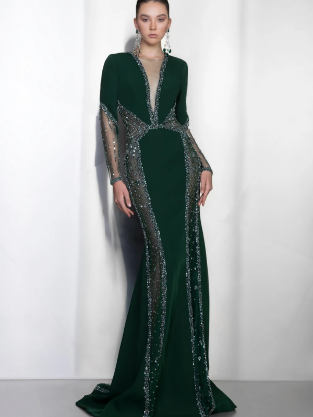 Luxury Beaded Mermaid Long Mother Of The Bride Dress For Wedding Elegant Green Prom Dress Customized Long Sleeve Evening Gown