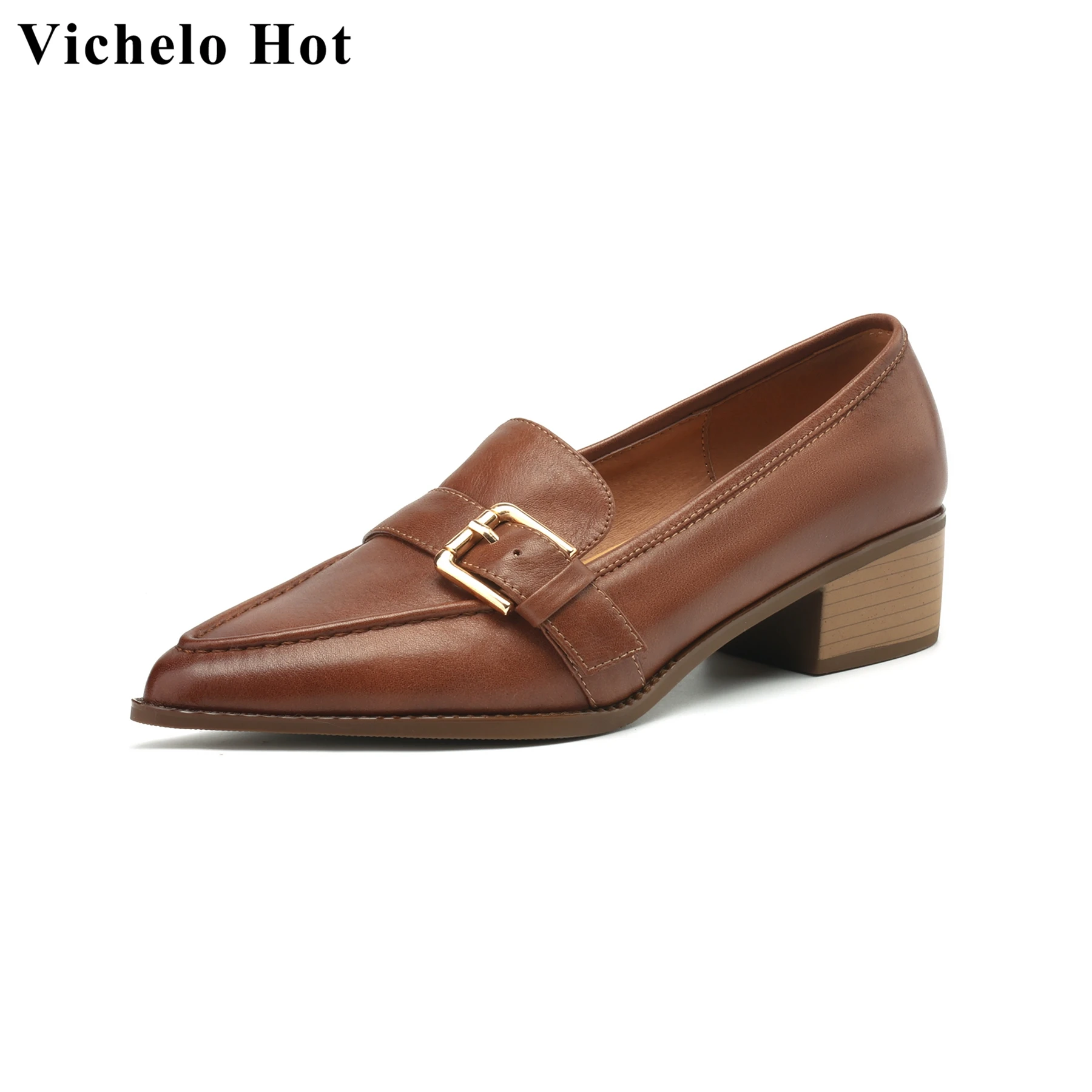 

Vichelo Hot Cow Leather Shallow Pointed Toe Med Heels Spring Shoes Mature Office Lady Brand Party Vintage Vacation Women Pumps