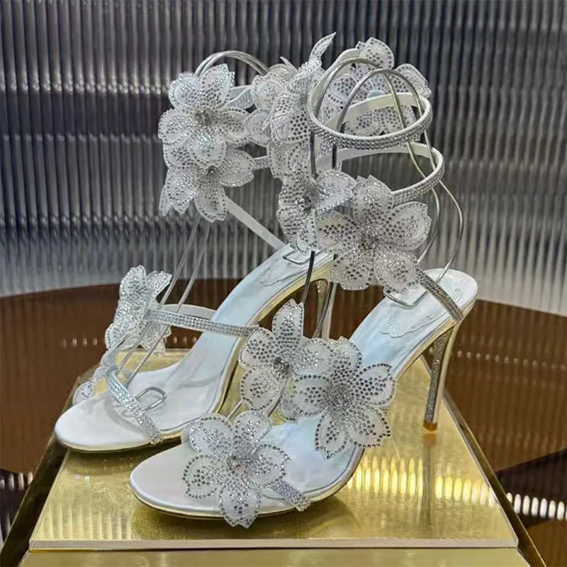 

Summer Sexy High Heels Sandals Women Twine Around Ankle Strap Flower Wedding Shoes Woman Stiletto Gladiator Sandals Woman