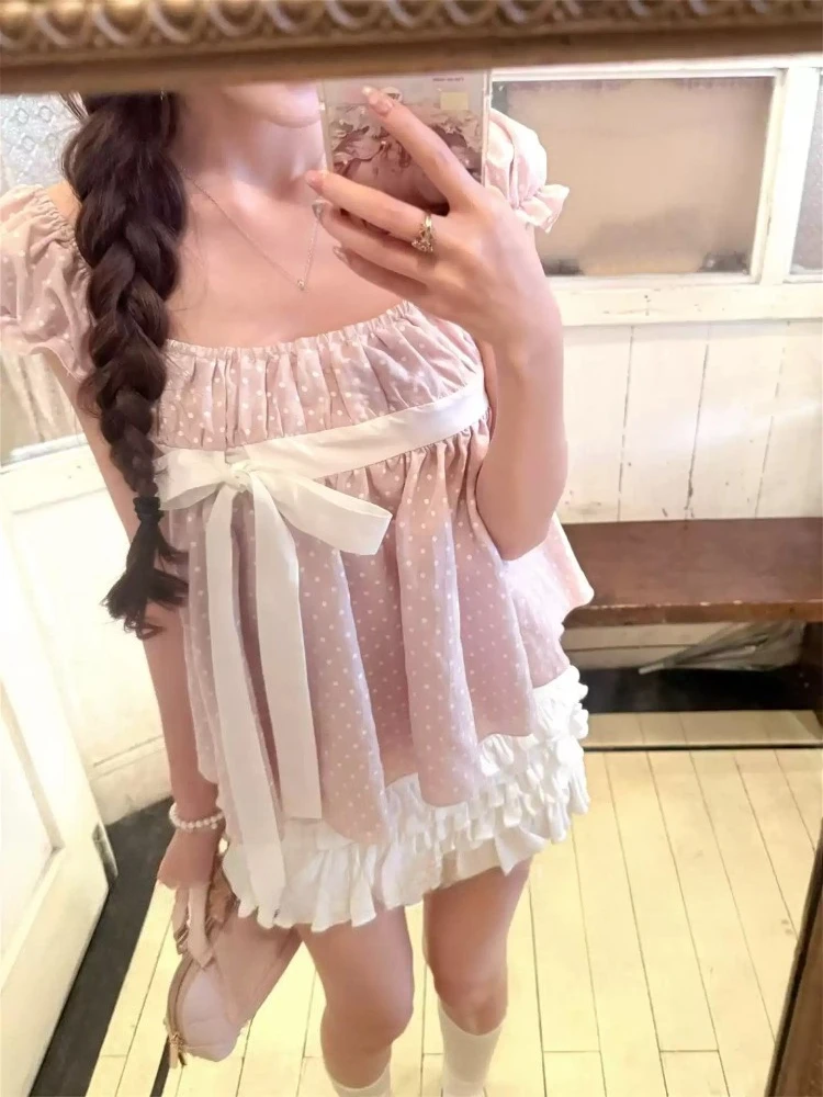 Ensemble 2 pièces élégant et chic de style coréen pour femmes, hauts à pois roses Y2k + mini-pantalons, mode vintage japonaise, tenues adorables