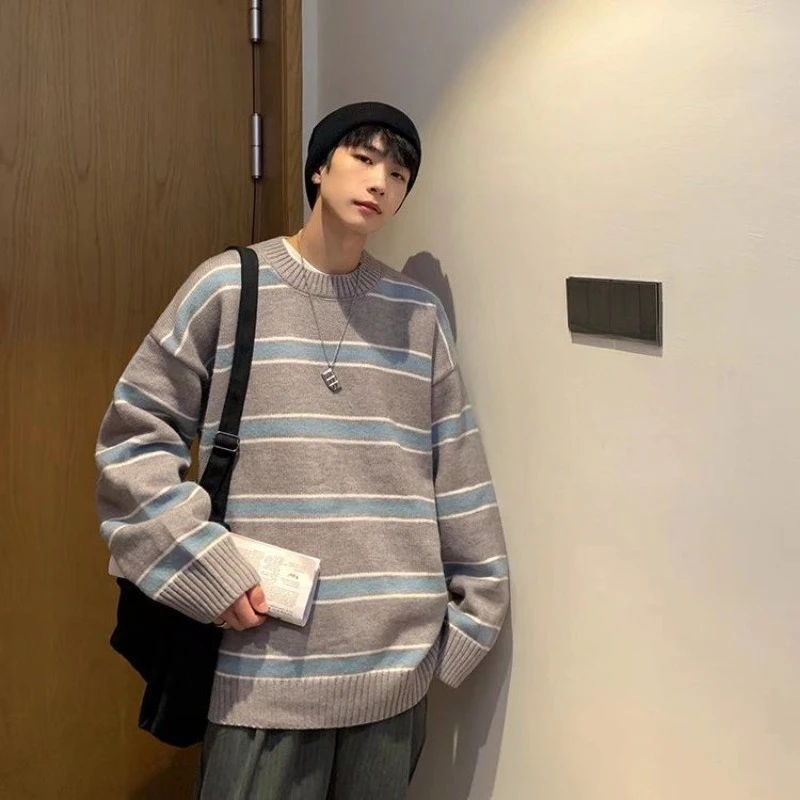 

Корейский стиль, мужской полосатый пуловер с круглым вырезом, трикотаж, высокое качество, осенне-зимний модный свободный повседневный топ с длинными рукавами