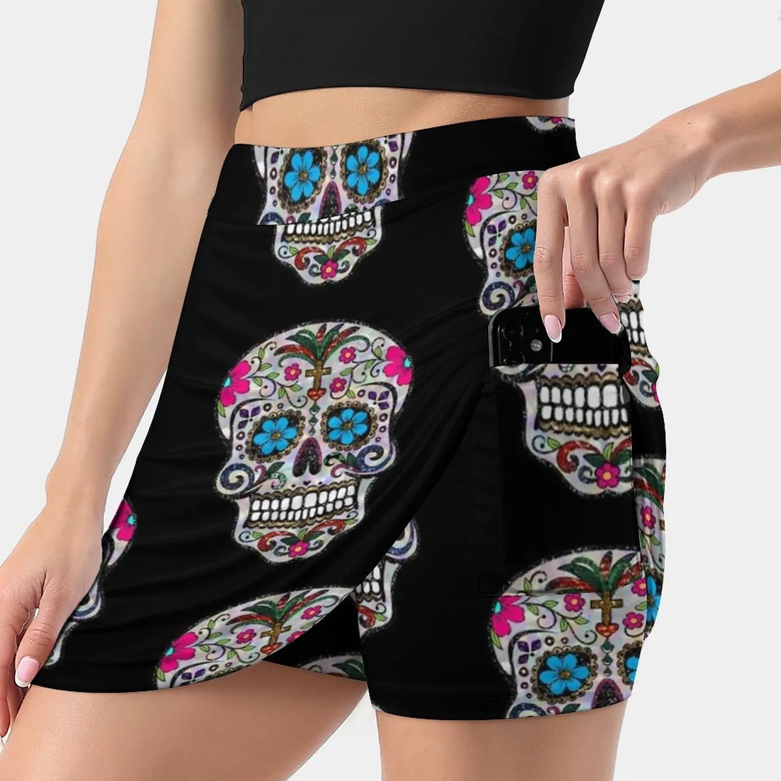 

Sequin Print Sugar Skulls Women's skirt Sport Skort Skirt With Pocket Fashion Korean Style Skirt 4Xl Skirts Sequin Sugar Skulls