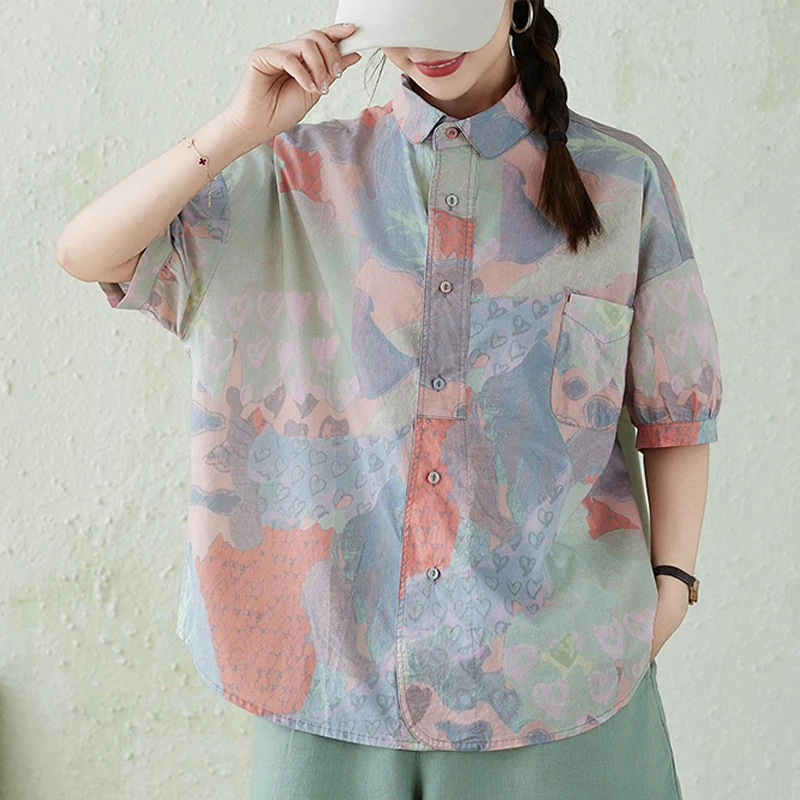 

Loose Short Sleeve Women's Shirt Cover Belly Doll Collar Casual Breathable Summer New Style plus Size Fashion Comfortable Top