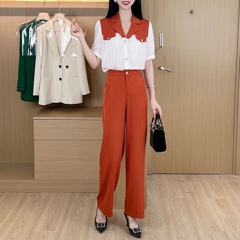 Elegant Fashion Color Matching Short Sleeve Shirt Two Piece Sets Summer New Office Lady Commuter High Waist Wide Leg Pants Set