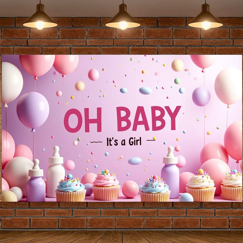 อาบน้ําเด็กสีชมพู Oh Baby It'S A Girl แบนเนอร์การถ่ายภาพพื้นหลังเค้ก Smash Party Supplies เพศเปิดเผยฉลอง Decor