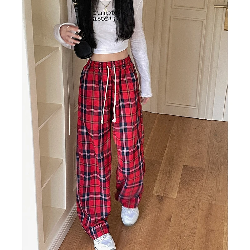 Red Plaid Pants Women's Spring Autumn 2025 New plus Size Loose Lazy Sle Vintage Wide Leg Floor Length Trousers