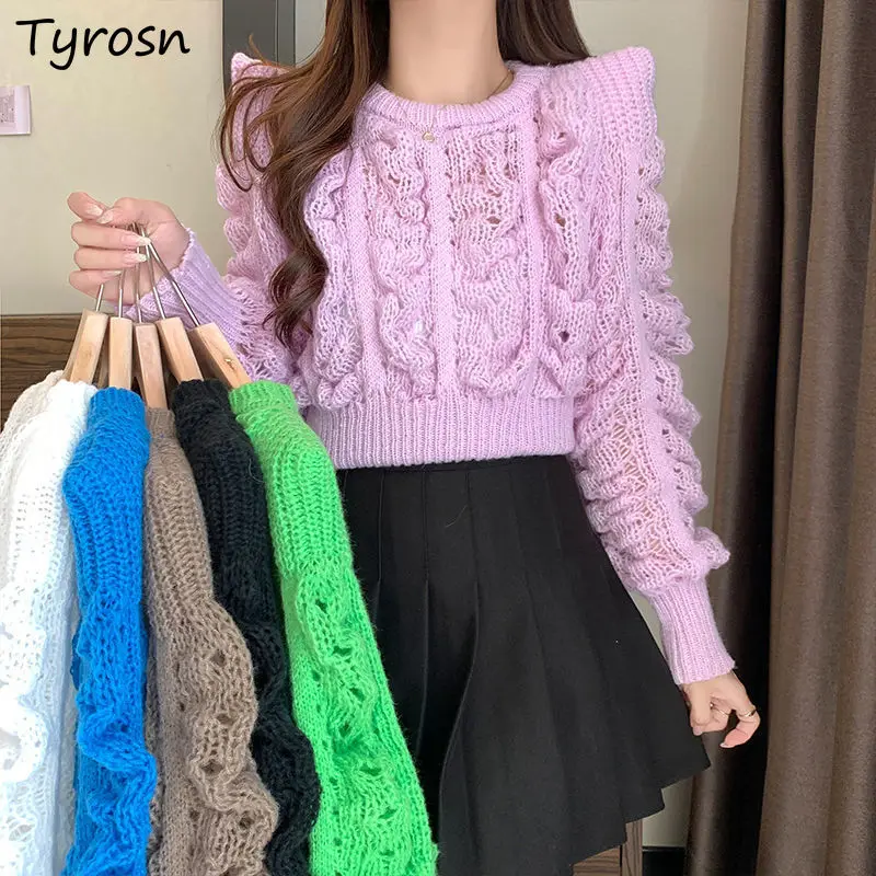 

Sweater Pullovers Women Jacquard Hollow Out Candy Color Korean Loose Sweet Girls Knittedwear Short Tops All-match Y2k Fashion