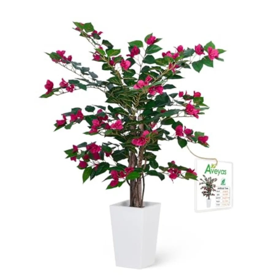 

Indoor outdoor home decor: faux silk bougainvillea tree, 3 ft tall including raised pot, green foliage with pink flowers, UV-re