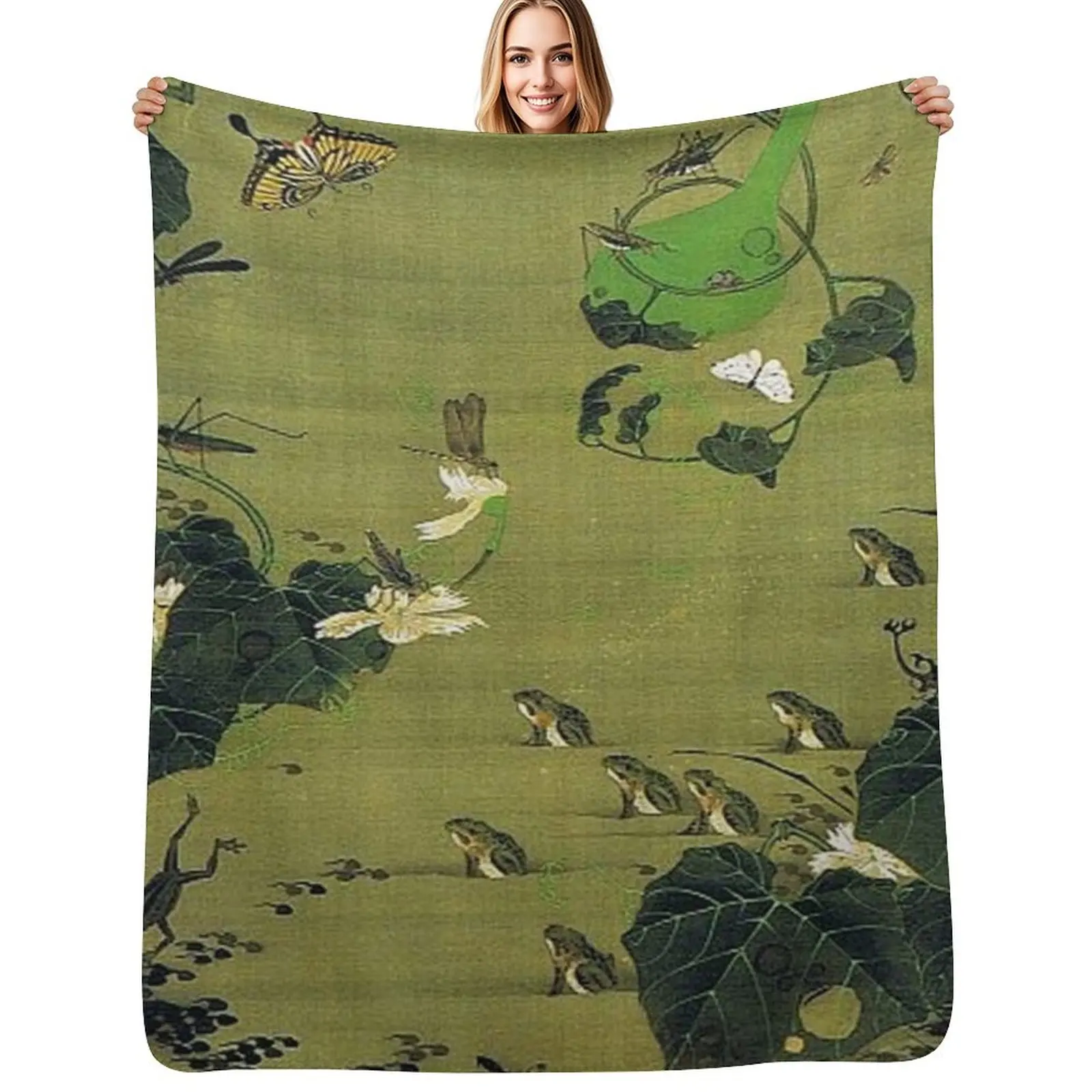 Favourite Artist - Insects By Pond Side - Ito Jakuchu Throw Blanket Compact Warm Blanket for Car Road Trip