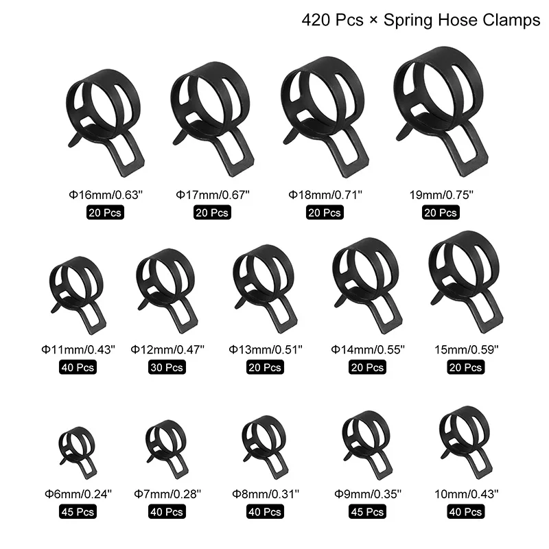 420Pcs 6-19mm Spring Hose Clamp Action Fuel/Silicone Vacuum Hose Pipe Clamp Low Pressure Air Clip Clamp Assortment Kits