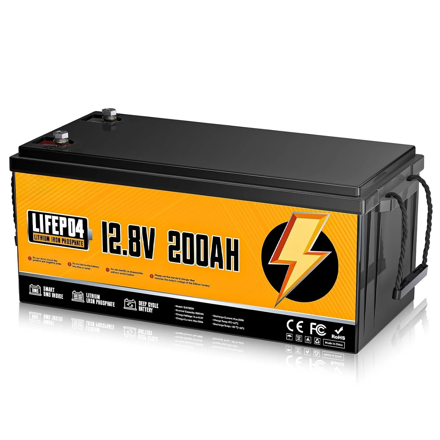 12V 200Ah LiFePO4 Lithium Battery With 200A BMS, 15000 Deep Cycles | Low Temp Protection, 2560Wh Energy,, Customized
