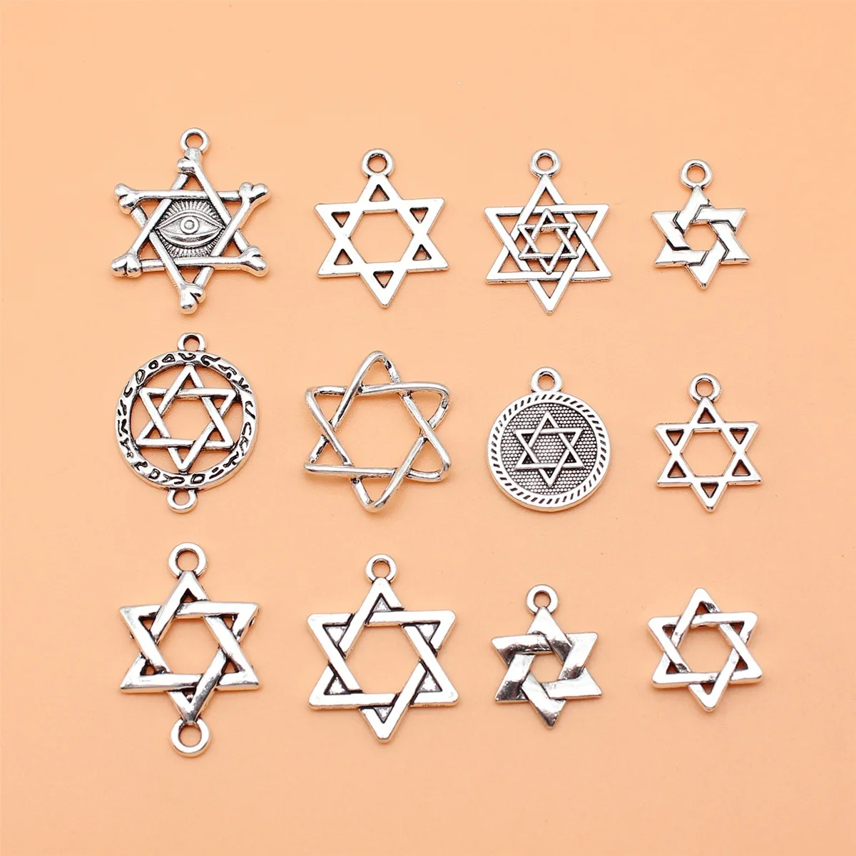 12pcs Antique Silver Color Star Of David Charms Collection For DIY Jewelry Making, 12 Styles, 1 of Each