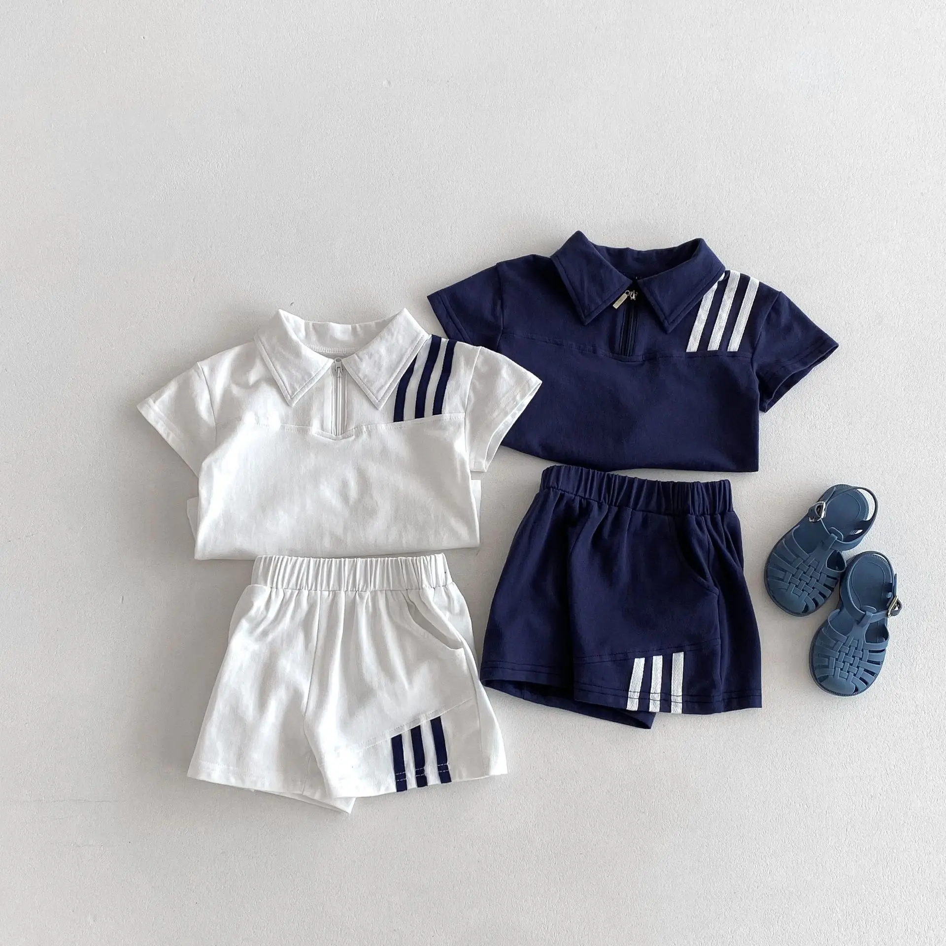 2025 Summer New Children Short Sleeve Sports Set Baby Boy Girl Solid Polo Collar Tops + Shorts 2pcs Suit Kids Causal Outfits