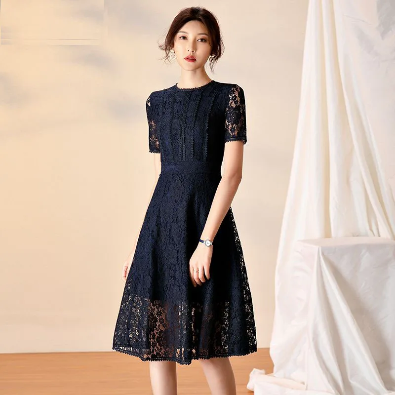 Temperament Lady Dress 2023 Summer One Piece Slim Waist O Neck Hollowed Out Lace Short Sleeve Black Dress Elegant Women Clothes