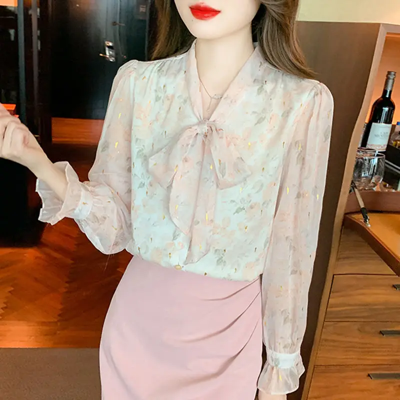 Autumn Women's Long Sleeve Bow Printing Flare Sleeve Versatile Bow Tie Up Chiffon Shirts Blouse Tops Ladies Fashion Top Q192