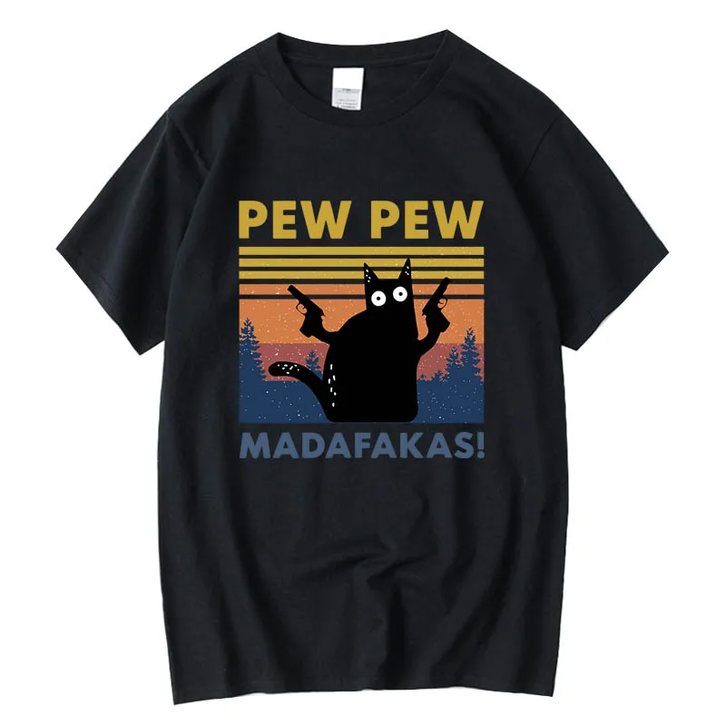 

Женская футболка Pew Pew Madafakas с короткими рукавами и забавным котом, уличная одежда свободного кроя с круглым вырезом