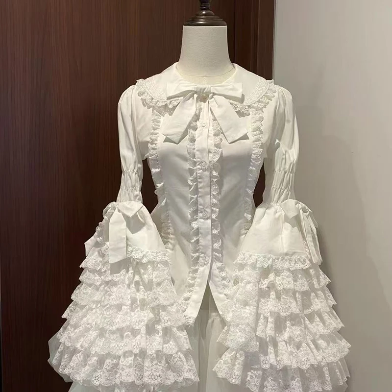 Japanische Lolita Frauen Hemd Süße Schleife Spitze Patchwork Rüschen Flare Langarm Bluse Peter Pan Kragen Ästhetische Innere Tragen Tops