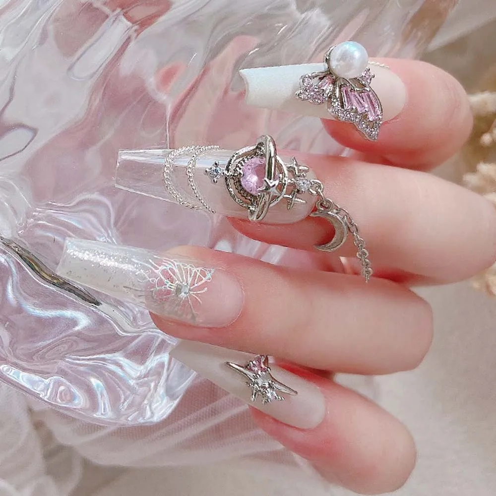 5pcs Pink Zircon Love Nail Art Charm 3D Alloy Star Moon Bow Metal Silver Nails Decorations DIY Simple Style Manicure Accessories