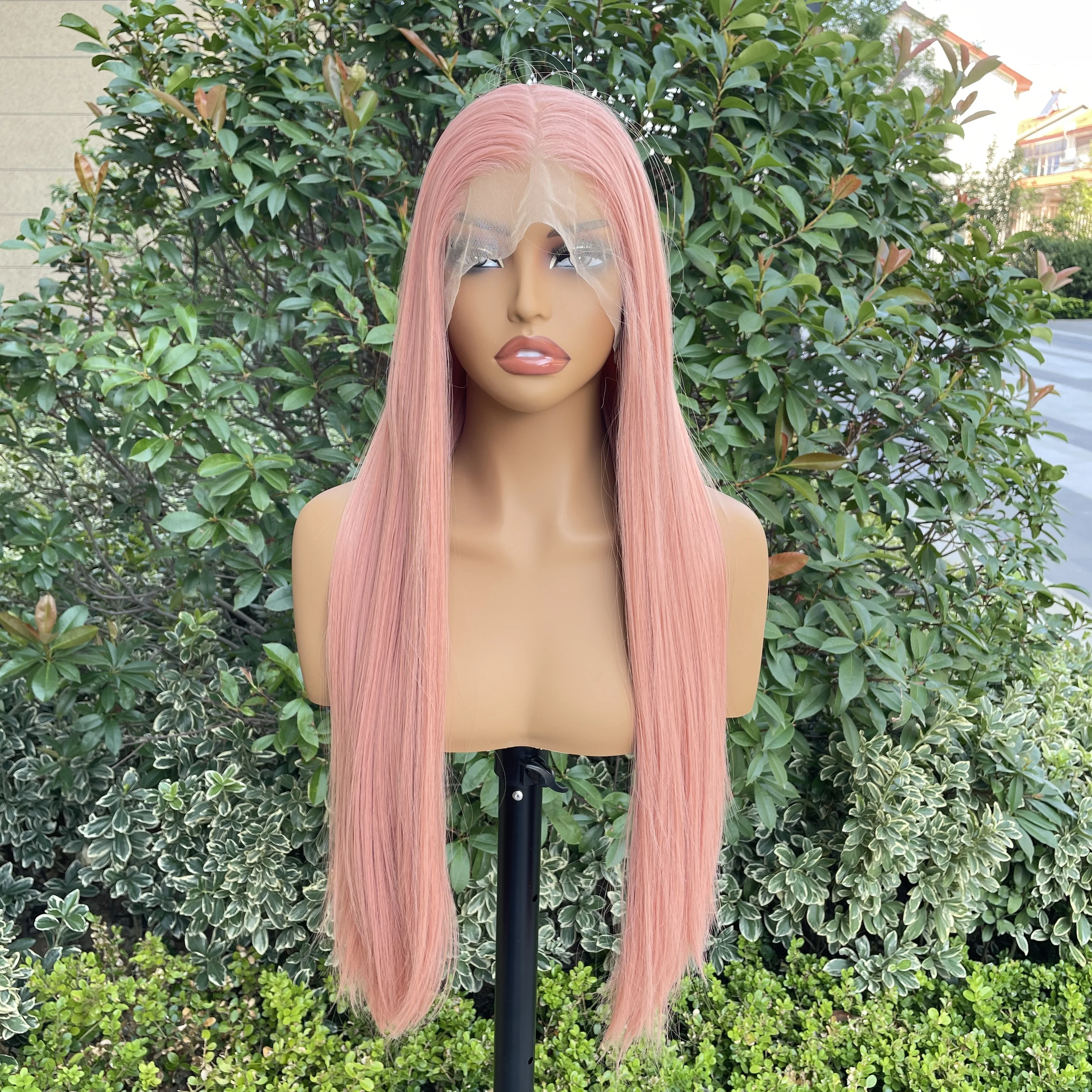 

High Quality Pink 13X4 Synthetic Lace Front Wig for Woman 26 Inch Long Sliky Straight Wig Half Hand Tied Glueless Halloween Wig