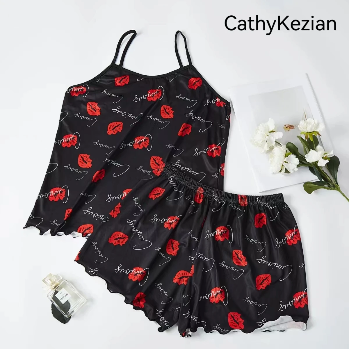 Women Pajamas Sleepwear Pajama Set Camisole Shorts Black S M L Red Lip Print Scoop Neck Ice Silk Comfortable Casual