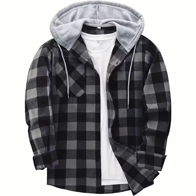 KIDWHXR Men Hooded Shirts Autumn American Plaid Single-breasted Pocket Man Coat Loose Long Sleeve Casual Male Cardigan Tops