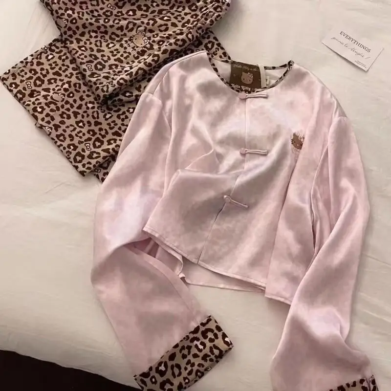 

Пижамный комплект Sanrio Hello Kitty, хлопковый женский домашний комплект для отдыха на открытом воздухе, весенне-осенний комплект с леопардовым принтом, брюки с длинными рукавами, модные брюки для сна