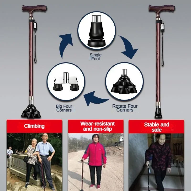 Adjustable Walking Cane with LED Light and Four-Foot Base