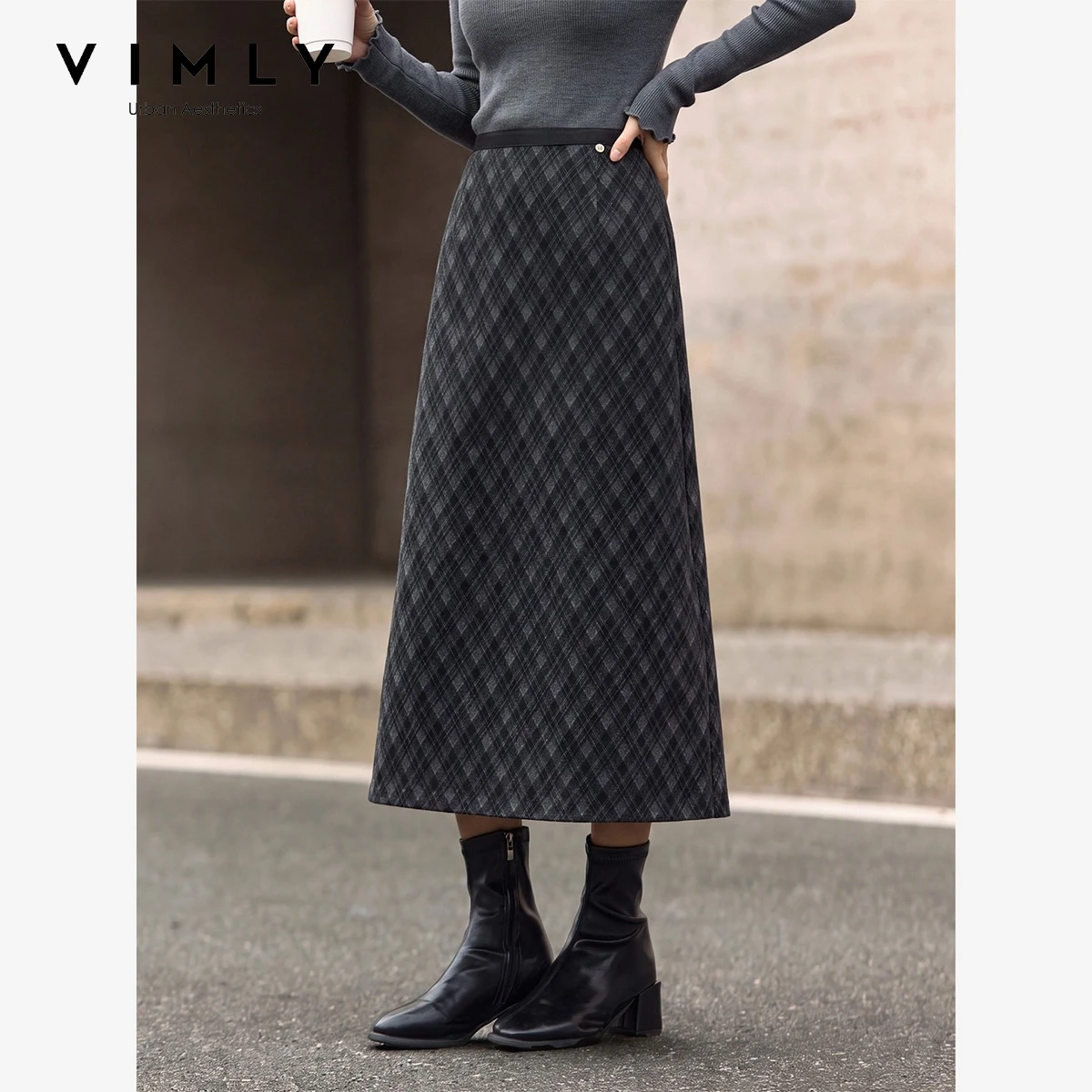 VIMLY Vintage Plaid High Waist Straight Skirts Women 2026 Fall New Fashion Versatile Back Slit Long Skirt Female Clothing 31858