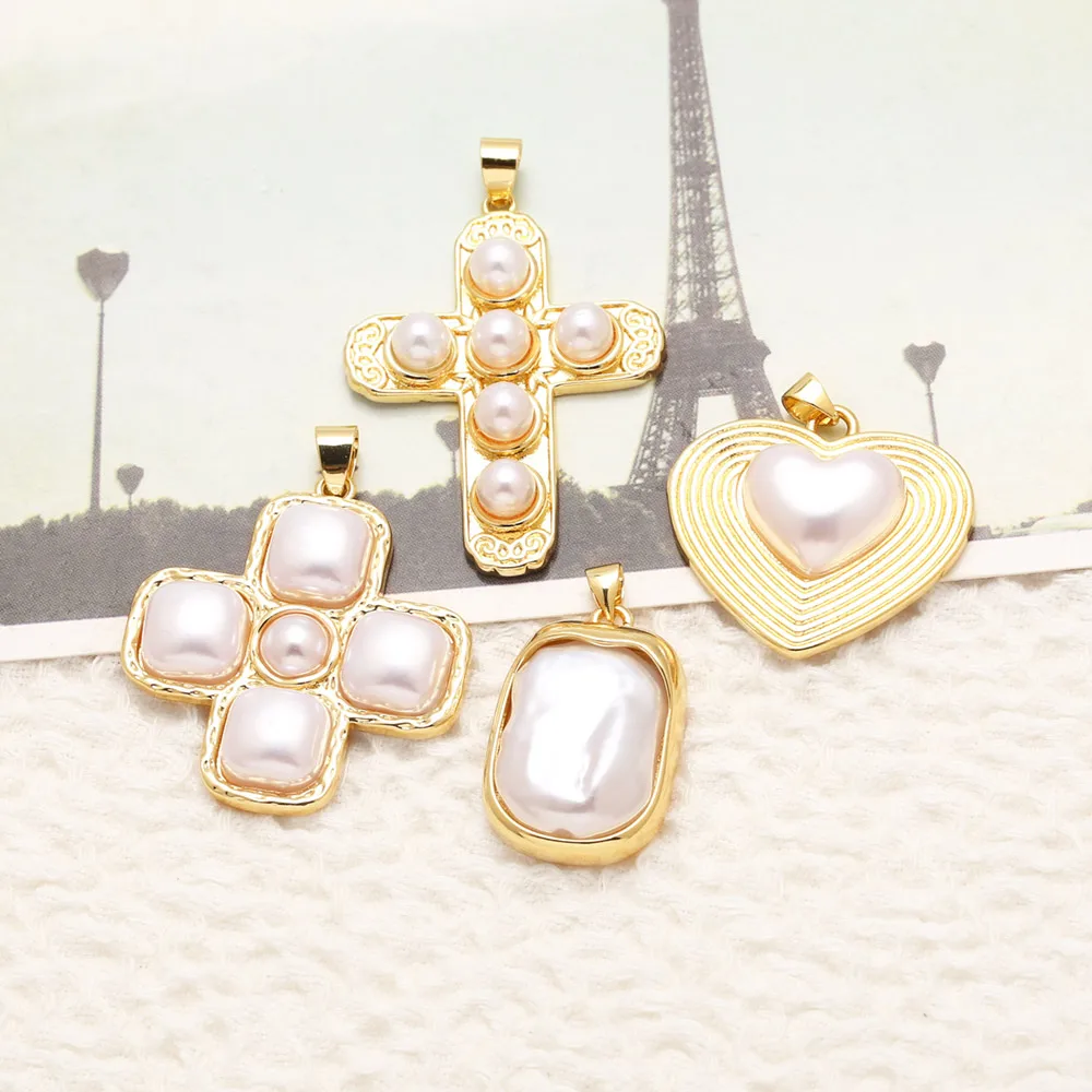 OCESRIO Faux Pearl Large Cross Pendant for Necklace Copper Gold Plated Heart DIY Purse Charm Jewelry Making Component pdtb012