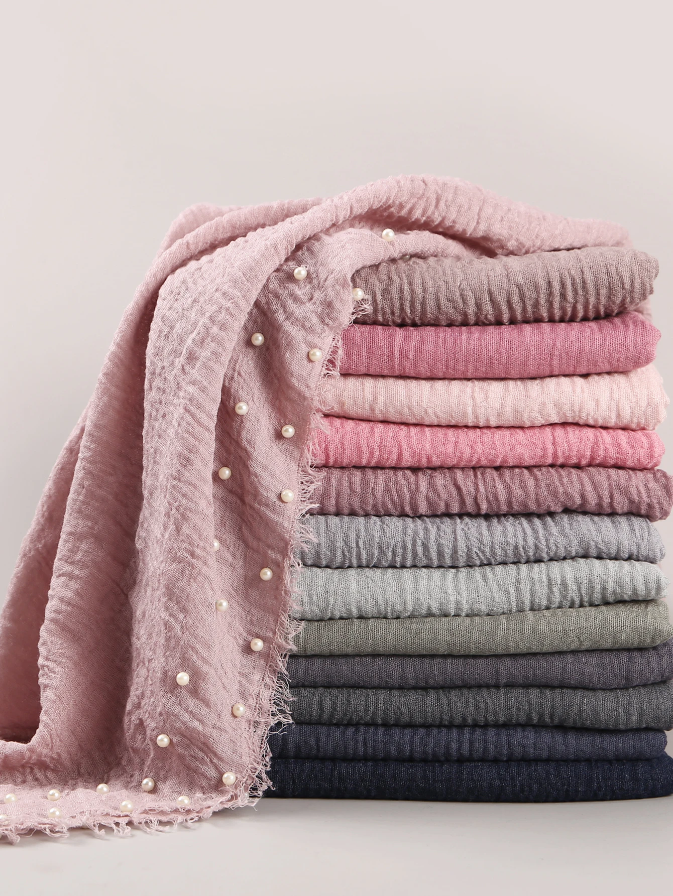 Premium Crinkle Cotton Hijab Beads Scarf Pearl Wrinkle ShawIs Wraps Crumple Muslim Headscarf Tudung Bawal