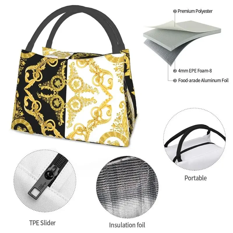 Baroque Greek Ornament GoldenMeander Meandros VINTAGE Insulated Lunch Bags for Women Waterproof Cooler Thermal Lunch Box