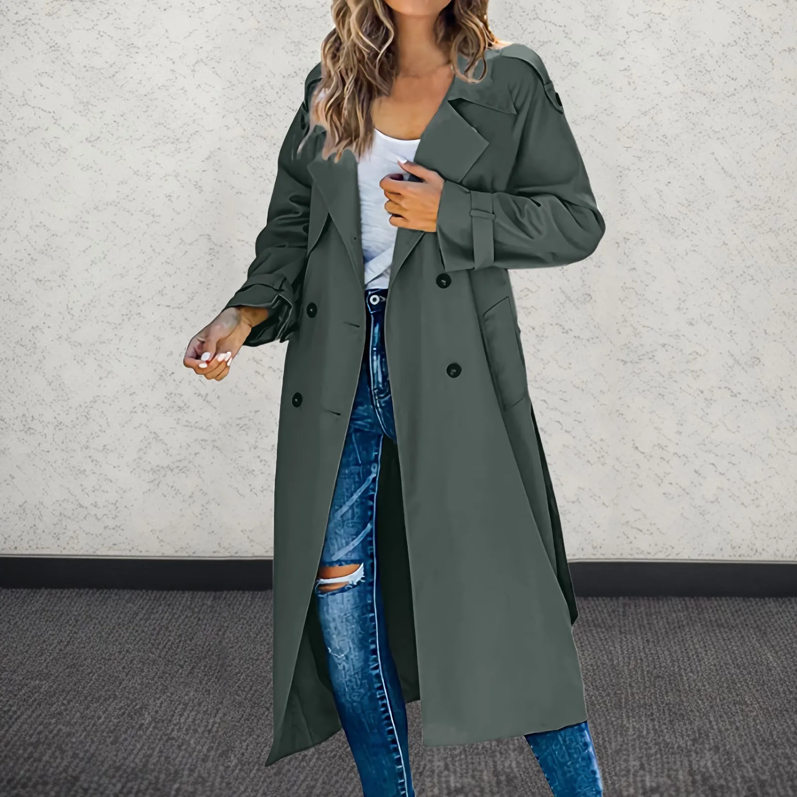 Winter Women'S Double Breasted Windbreak Coat 2023 New Autumn Winter Solid Long Jacket French Retroturn-Down Collar Windbreaker