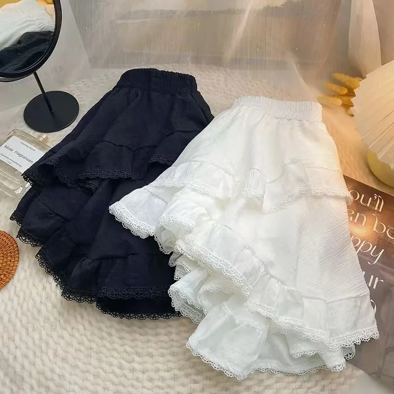 Elastic Waist White Black Irregular Mini Kawaii Skirt Japanese Style School Y2k Aesthetic Ruffles Folds Lace Short Women Skirt