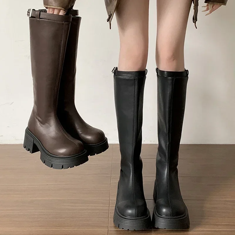 Winter Punk Style Women Knee High Boots Fashion Belt Buckle Long Booties Designer Platform Thick Heels Botas De Mujer