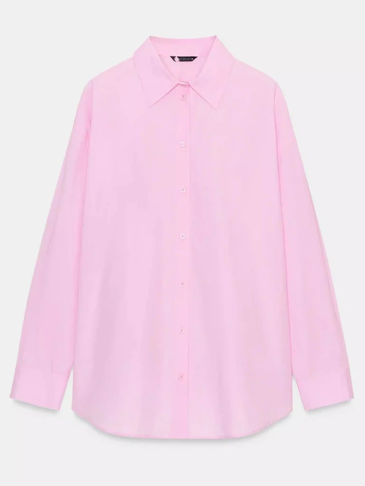

Spring 2026 Women's Commute Sle Loose Fit Long Sve irt Pink Silk Casual Top Breathable Cotton Pure Color Button up