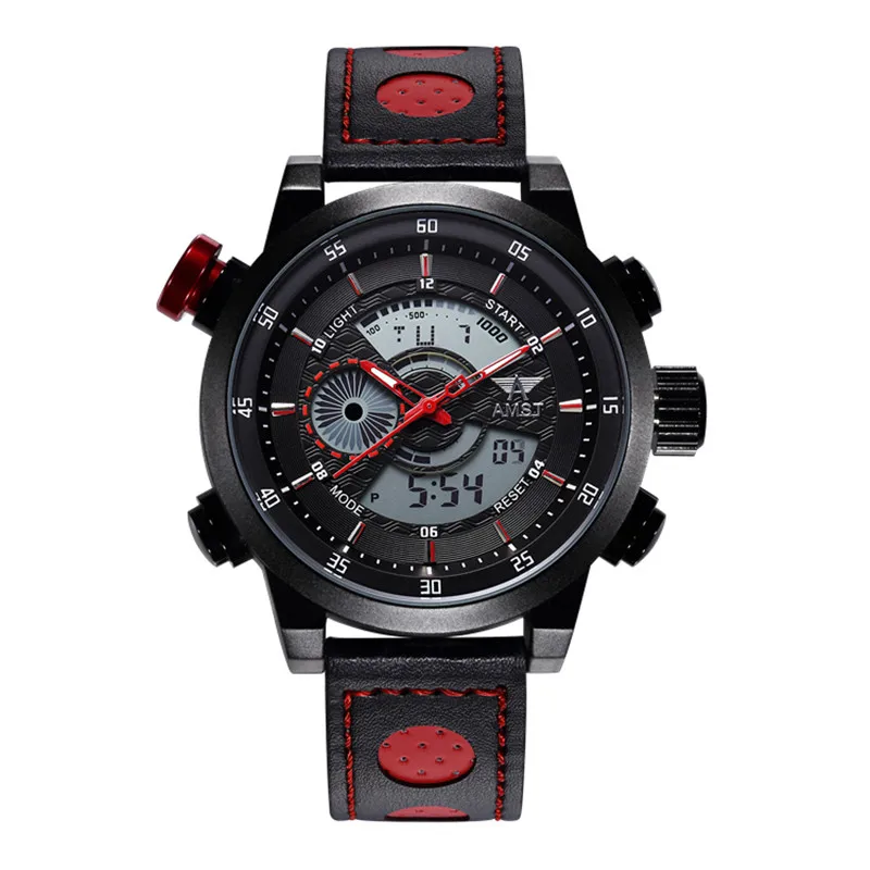 Quartz Watch men dual Japan movement sports LED dual display military watches leather strap waterproof male clock AMST 3013