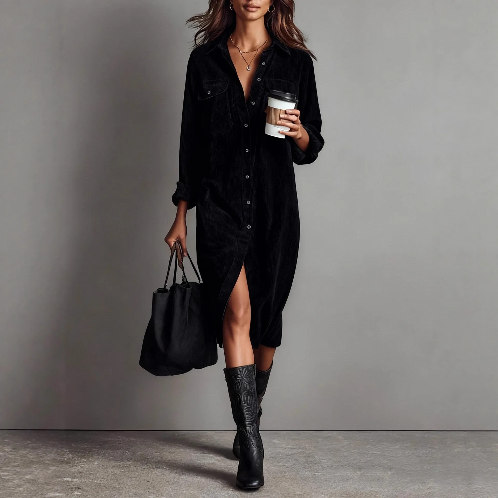 فساتين ملابس نسائية عصرية ملابس عمل نسائية نمط أنيق بأكمام طويلة وطية صدر السترة قميص سروال قصير فساتين نسائية الاتجاه 2025 #5