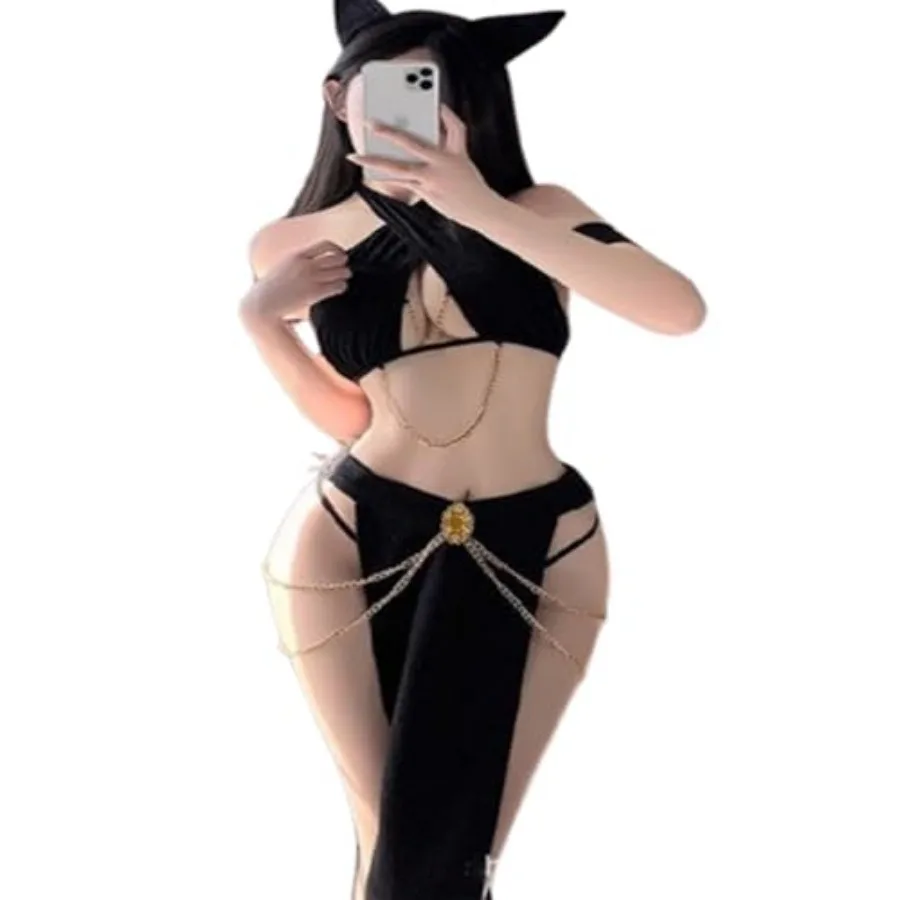 

Sexy Cleopatra Costume Lingerie for Women Egyptian Queen Cat Outfit with Gold Chain, Halter Bra and High Cut Panty, Belly Dance